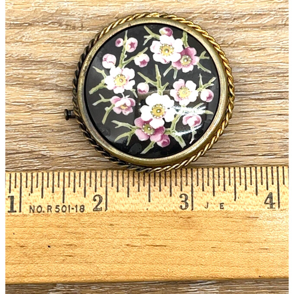 Limoges Old Brooch Pin Hand Painted Flowers Black Enamel Golden Rope P.Pastaud - Picture 7 of 7